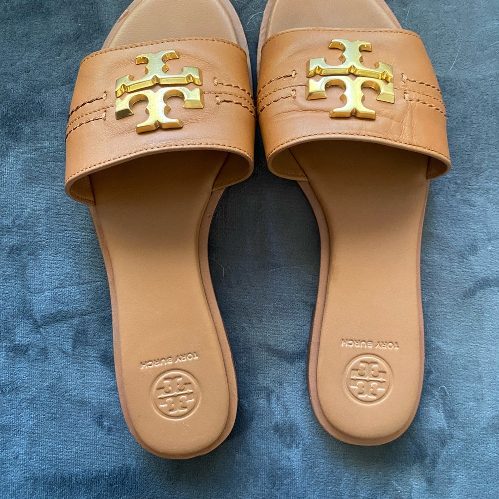 Tory Burch Brown Sandals with Gold Logo Everly Slide # 60245 - Picture 2 of 9